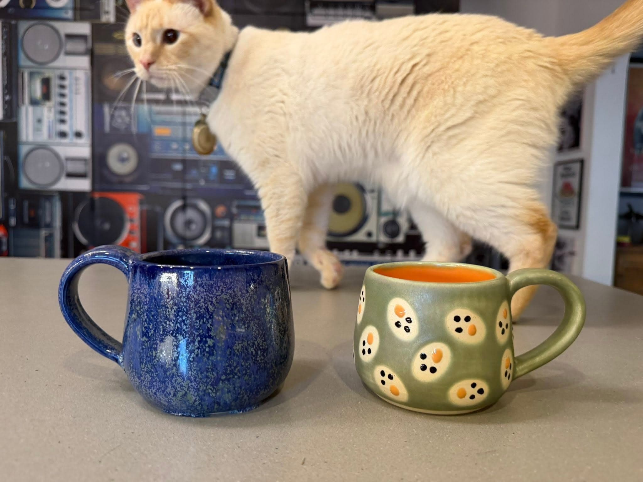 A row of colourful mugs on a studio shelf.